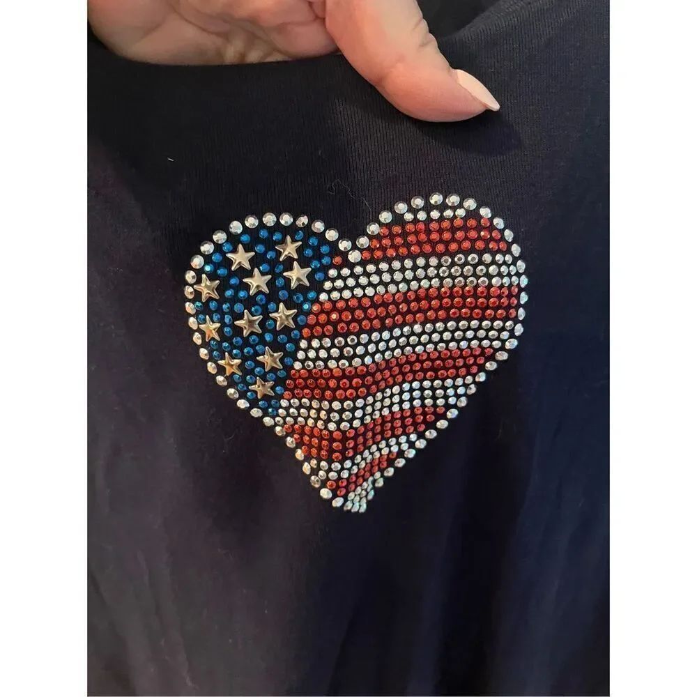 Karen Scott Navy Wide Neck Crystal American Flag Heart 4th of July T-Shirt sz X